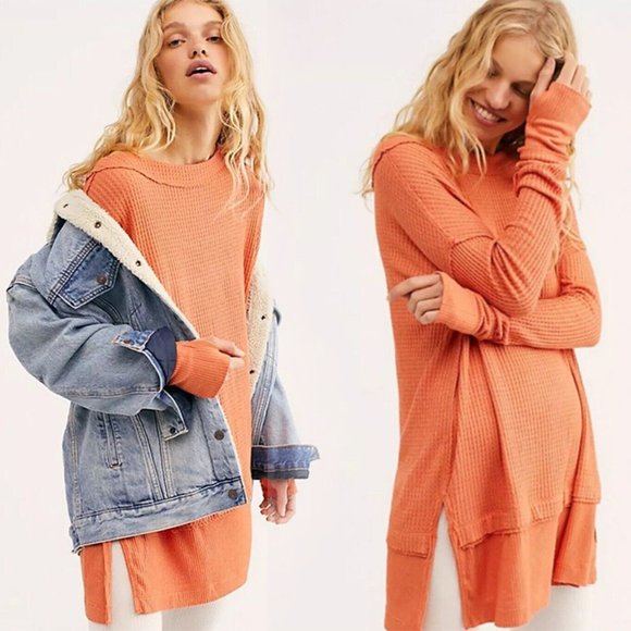 Free People Tops - Free People North Shore Thermal Tunic Top Bateau Neck Swingy Coral Orange Medium